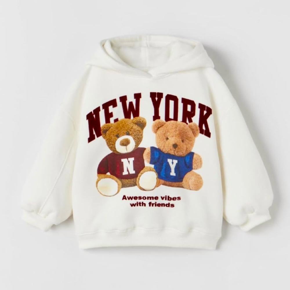 Zara Kids White Hoodie with Teddy Bear Graphic girls size 2 -3 years old